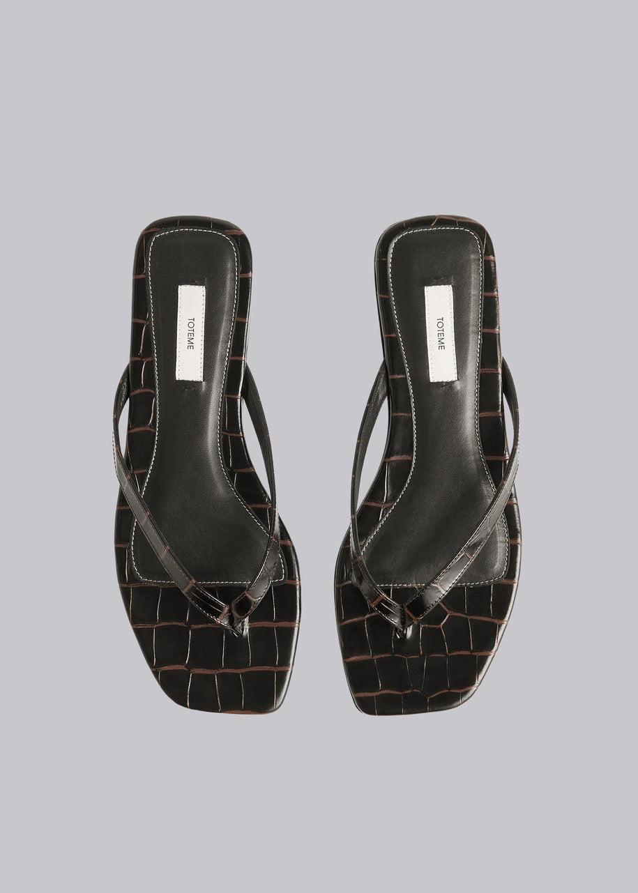 Toteme Dark Brown Croco Embossed Flip Flops