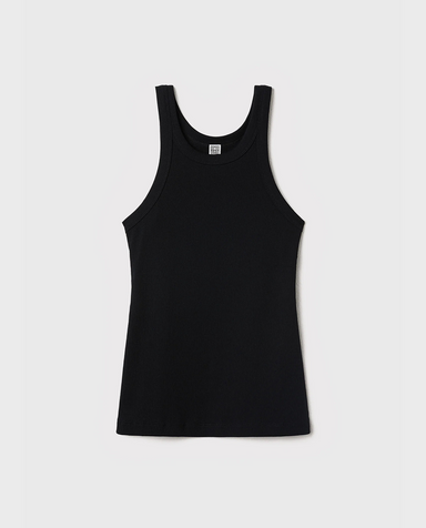 Sort melange rib tanktop med høj hals, buede ærmegab og lige kant.