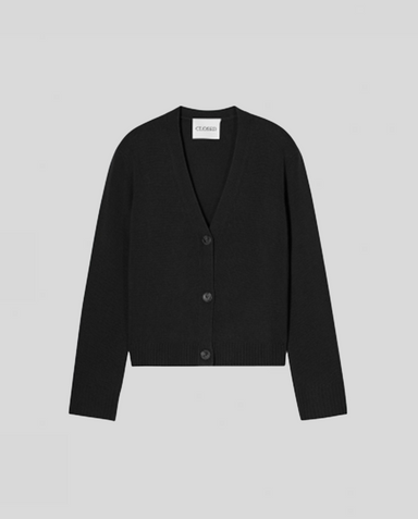 Sort V-hals cardigan med knapper, lige snit, lange ærmer, ribkanter ved søm og manchetter.