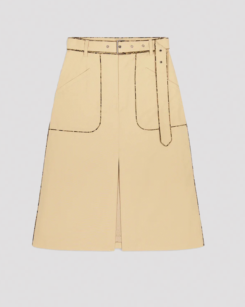 Beige A-formet nederdel med høj talje, bælte og store lommer med kant.