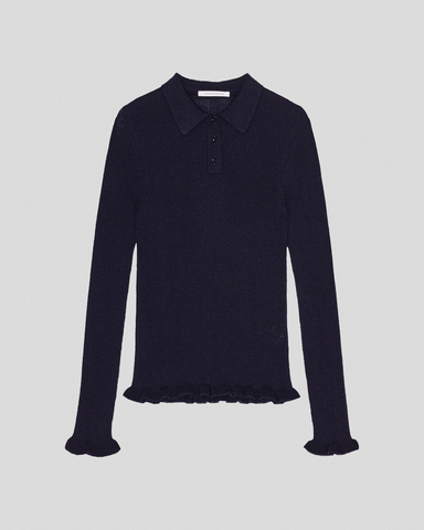 Navyblå top med polokrave, lange ærmer og flæsedetaljer ved kant og ærmeender.